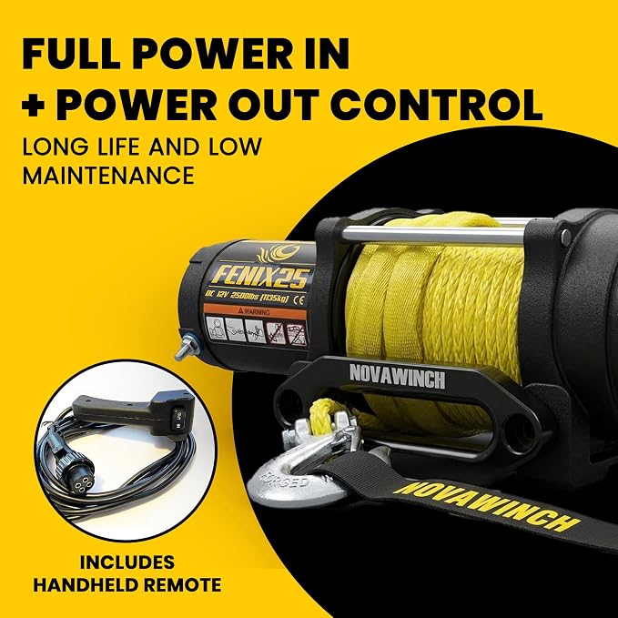 Novawinch FENIX ATV Winch - 2500lb Line Pull 12V Electric Winch for ATV UTV - Sealed Permanent Magnet Motor - Mechanical Load Holding Brake System