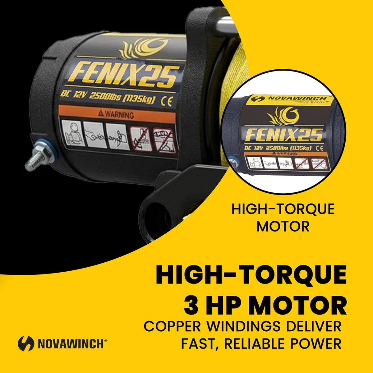 Novawinch FENIX ATV Winch - 2500lb Line Pull 12V Electric Winch for ATV UTV - Sealed Permanent Magnet Motor - Mechanical Load Holding Brake System