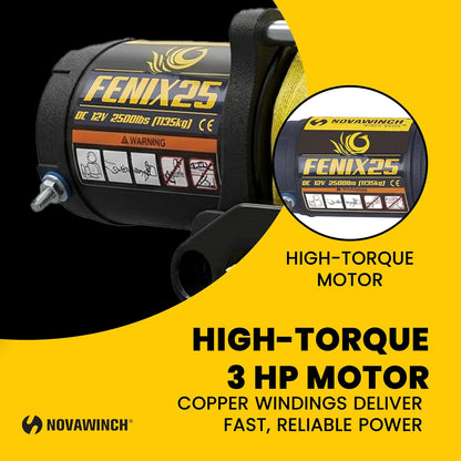 Novawinch FENIX ATV Winch - 2500lb Line Pull 12V Electric Winch for ATV UTV - Sealed Permanent Magnet Motor - Mechanical Load Holding Brake System